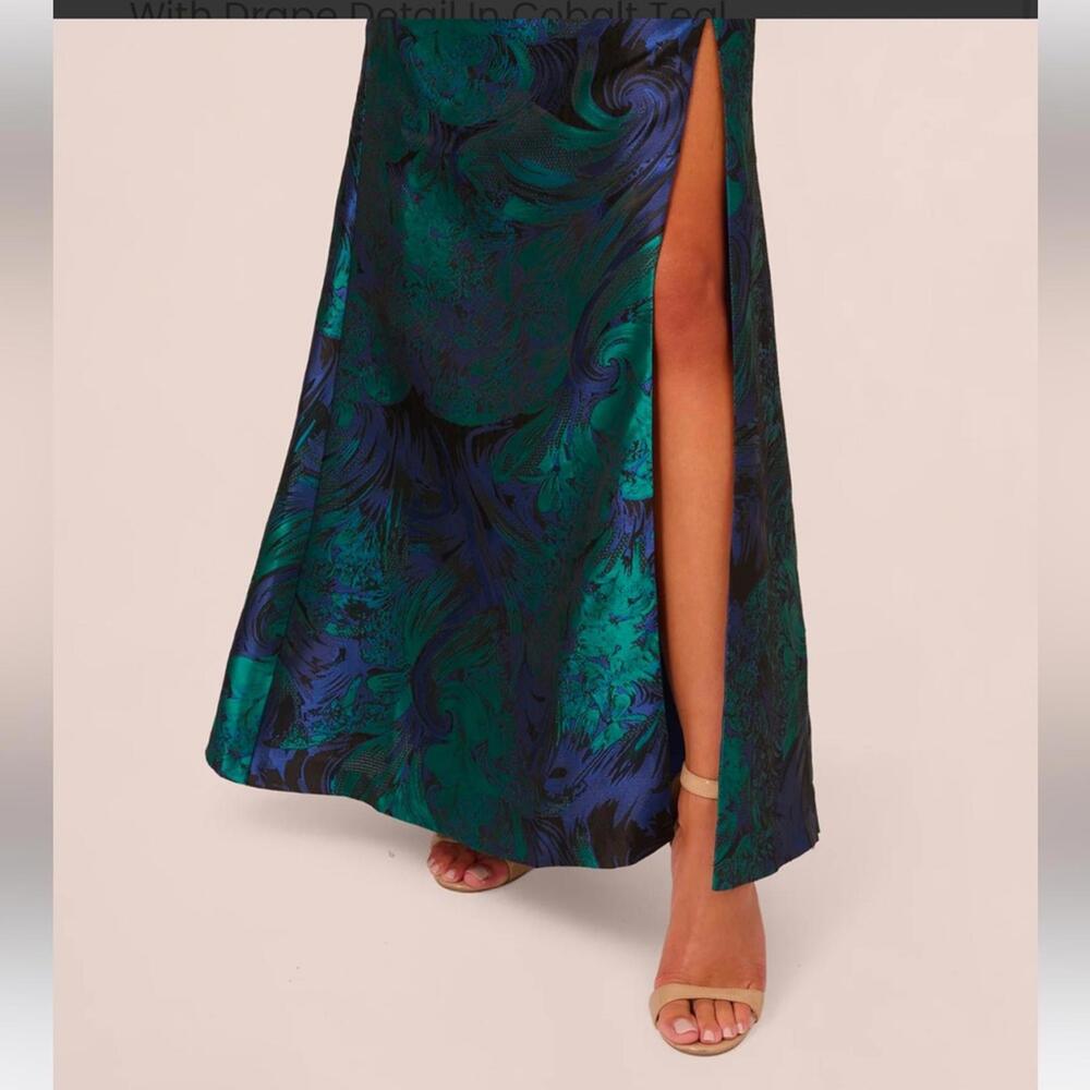 Adrianna Papell One Shoulder Jacquard Mermaid Gown Drape Detail Cobalt Green *8 - Picture 11 of 13
